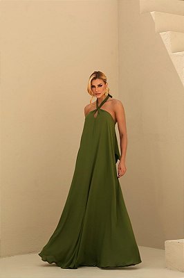 VESTIDO LONGO CHIFFON GOLA ALTA COM FITA  VERDE OLIVA