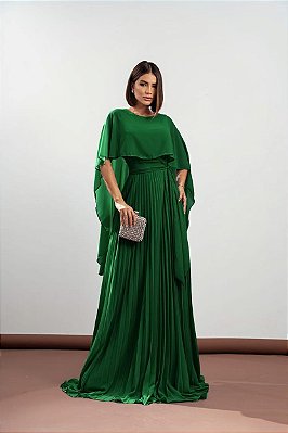 VESTIDO LONGO PLISSADO COM MANGA CAPA VERDE ESMERALDA