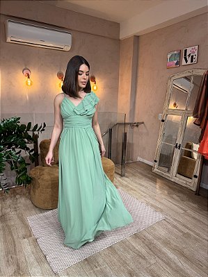 VESTIDO LONGO CHIFON ALÇA FINA E MEIA MANGA BABADO VERDE SANG