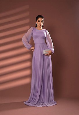 VESTIDO LONGO MANGA LONGA LUREX PLISSADO LILAS