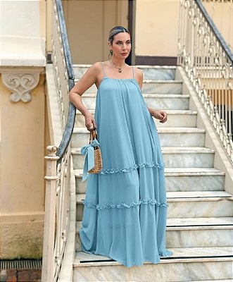 VESTIDO CHIFFON LONGO ALCINHA SAIA CAMADAS AZUL SERENETY