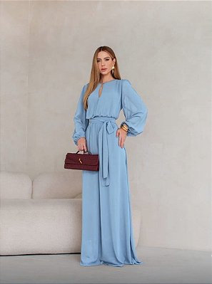 VESTIDO LONGO CHIFFON GOLA ALTA MANGA LONGA AZUL SERENITY