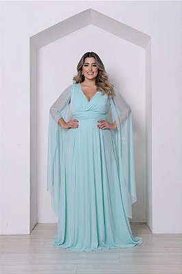 VESTIDO LONGO MICROTULE MANGA CAPA DECOTE TRANSPASSADO ACINTURADO AZUL SERENITY