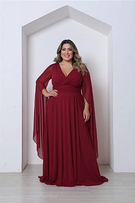VESTIDO LONGO MICROTULE MANGA CAPA DECOTE TRANSPASSADO ACINTURADO MARSALA