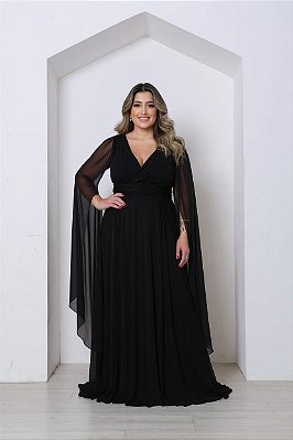 VESTIDO LONGO MICROTULE MANGA CAPA DECOTE TRANSPASSADO ACINTURADO PRETO