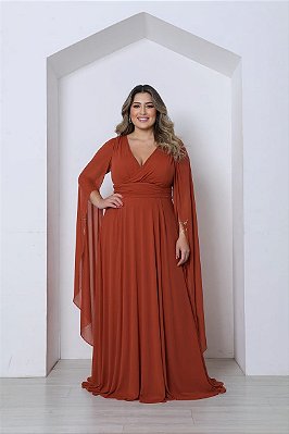 VESTIDO LONGO MICROTULE MANGA CAPA DECOTE TRANSPASSADO ACINTURADO  TERRACOTA