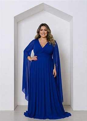 VESTIDO LONGO MICROTULE MANGA CAPA DECOTE TRANSPASSADO ACINTURADO AZIL BIC