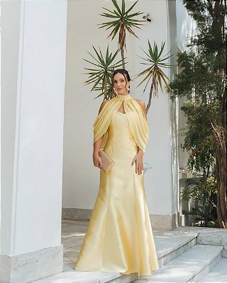 VESTIDO LONGO ZIBELINE SEREIA TOMARA QUE CAIA COM ECHARPE AMARELO