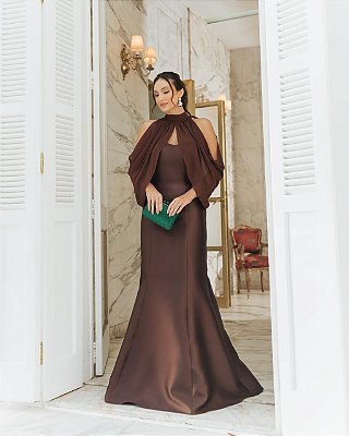 VESTIDO LONGO ZIBELINE SEREIA TOMARA QUE CAIA COM ECHARPE MARROM