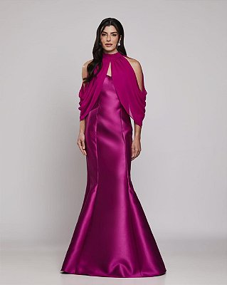 VESTIDO LONGO ZIBELINE SEREIA TOMARA QUE CAIA COM ECHARPE FUCSIA