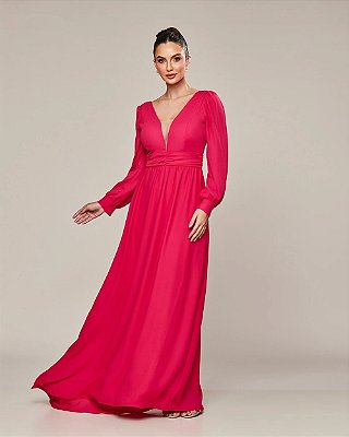 VESTIDO LONGO CREPE SEDA MANGA LONGA  DECOTE COM DETALHE TULE PINK