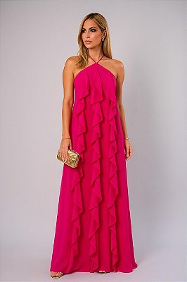 VESTIDO CHIFFON BABADO FRENTE ÚNICA MARIBEL PINK