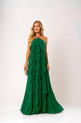 VESTIDO CHIFFON BABADO FRENTE ÚNICA MARIBEL VERDE ESMERALDA