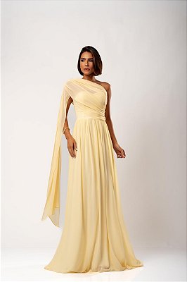 VESTIDO CHIFFON TOMARA QUE CAIA COM CAPA REMOVÍVEL AMARELO
