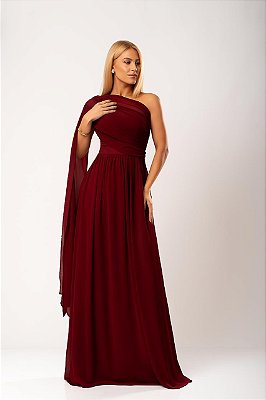 VESTIDO CHIFFON TOMARA QUE CAIA COM CAPA REMOVÍVEL MARSALA