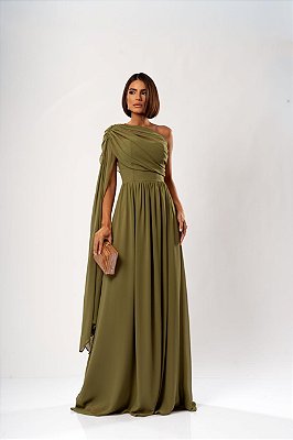 VESTIDO CHIFFON TOMARA QUE CAIA COM CAPA REMOVÍVEL VERDE OLIVA
