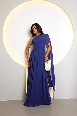 VESTIDO CHIFFON TOMARA QUE CAIA COM CAPA REMOVÍVEL AZUL MARINHO