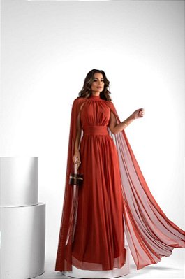 VESTIDO LONGO MICROTUILE  COM MANGA CAPA   TERRACOTA
