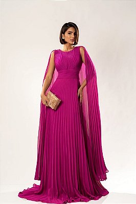 VESTIDO LONGO CHIFFON PLISSADO ACINTURADO COM MANGA CAPA FUCSIA