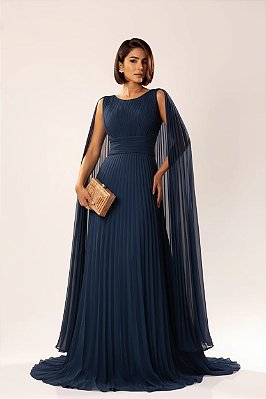 VESTIDO LONGO CHIFFON PLISSADO ACINTURADO COM MANGA CAPA AZUL MARINHO