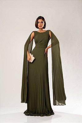 VESTIDO LONGO CHIFFON PLISSADO ACINTURADO COM MANGA CAPA VERDE OLIVA
