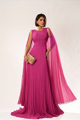 VESTIDO LONGO CHIFFON PLISSADO ACINTURADO COM MANGA CAPA PINK