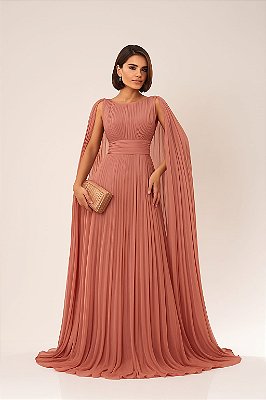 VESTIDO LONGO CHIFFON PLISSADO ACINTURADO COM MANGA CAPA ROSÉ