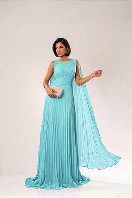 VESTIDO LONGO CHIFFON PLISSADO ACINTURADO COM MANGA CAPA AZUL SERENETY