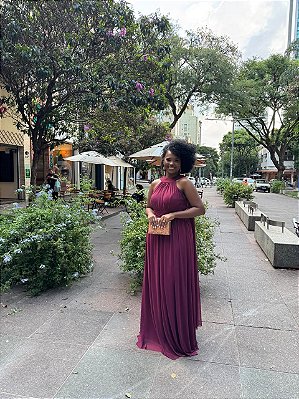 VESTIDO LONGO MICROTUILE  COM MANGA CAPA FUCSIA