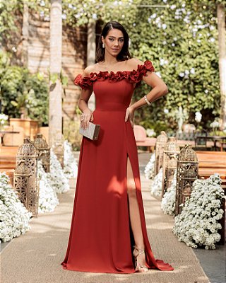 VESTIDO LONGO CREPE SEDA OMBRO A OMBRO EM DETALHE BABADO TERRACOTA