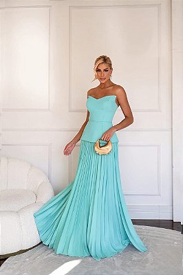 CONJUNTO TOMARA QUE CAIA COM SAIA PLISSADA E DETALHE PEPLUM AZUL SERENITY