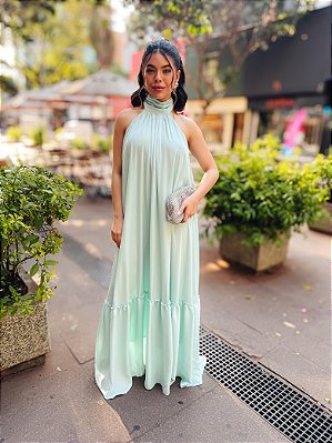 VESTIDO LONGO CHIFFON FRENTE ÚNICA SAIA CAMADA VERDE TIFFANY