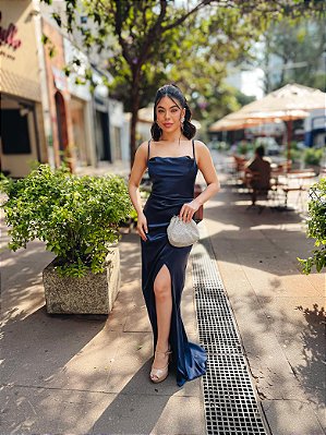VESTIDO LONGO SEDA ALCINHA  COM FENDA LATERAL AZUL MARINHO