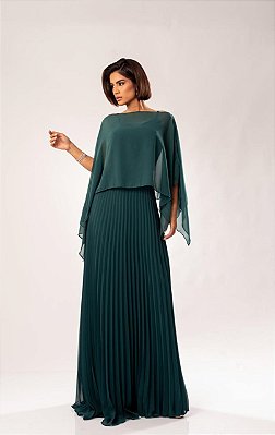 VESTIDO LONGO ALCINHA PARTE DE CIMA LISA SAIA PLISSADA COM CAPA REMOVÍVEL VERDE ESMERALDA