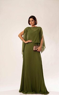 VESTIDO LONGO ALCINHA PARTE DE CIMA LISA SAIA PLISSADA COM CAPA REMOVÍVEL VERDE OLIVA