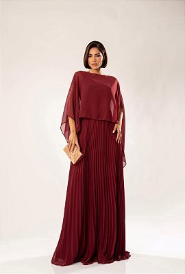 VESTIDO LONGO ALCINHA PARTE DE CIMA LISA SAIA PLISSADA COM CAPA REMOVÍVEL MARSALA
