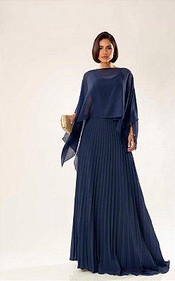 VESTIDO LONGO ALCINHA PARTE DE CIMA LISA SAIA PLISSADA COM CAPA REMOVÍVEL AZUL MARINHO