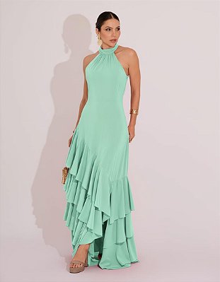 VESTIDO LONGO CREPE DE SEDA GOLA ALTA CAMADAS NA PONTA VERDE TIFFANY