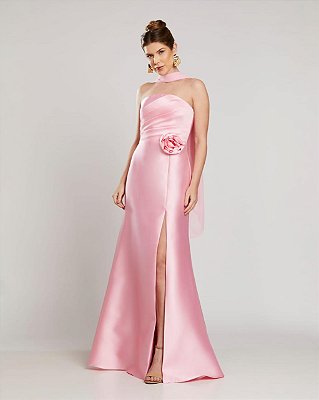 VESTIDO LONGO ZIBELINE COM BUSTO DRAPEADO CAPA REMOVÍVEL FENDA LATERAL  ROSA