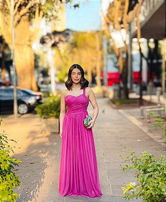 VESTIDO LONGO MICROTULE OMBRO SÓ COM ALÇA DUPLA TRANCINHAS FUCSIA