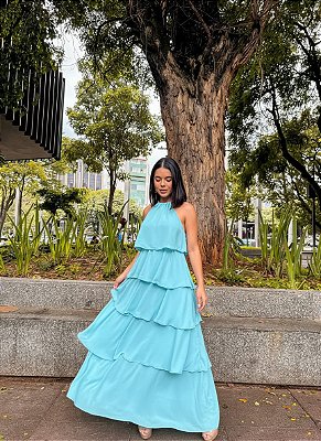 VESTIDO LONGO CHIFFON FRENTE ÚNICA EM CAMADAS AZUL SERENITY