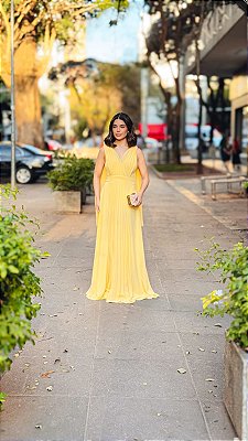 VESTIDO LONGO CHIFFON LISO COM DETALHE PLISSADO DECOTE V AMARELO