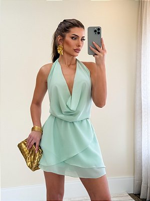 VESTIDO CHIFFON GOLA BOBA SAIA COM CAMADA  VERDE MENTA