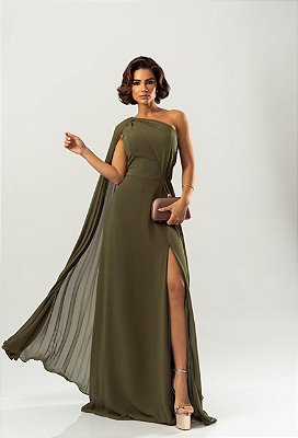 VESTIDO CHIFFON OMBRO SÓ MANGA LONGA PLISSADA DETALHE PLISSADO LATERAL VERDE