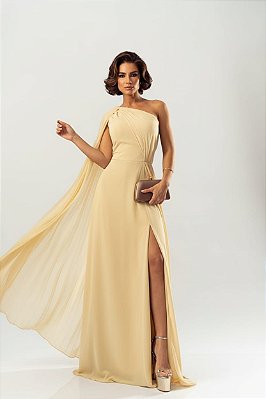 VESTIDO CHIFFON OMBRO SÓ MANGA LONGA PLISSADA DETALHE PLISSADO LATERAL AMARELO