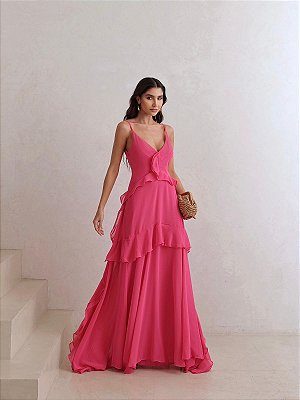 VESTIDO CHIFFON  ALCINHA DETALHE BABADO PINK