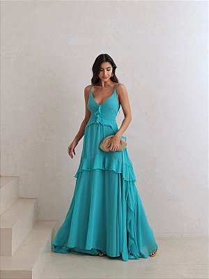 VESTIDO CHIFFON  ALCINHA DETALHE BABADO AZUL TIFFANY