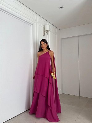 VESTIDO CREPE OMBRO SÓ MANGA CAPA  COM CAMADAS FUCSIA