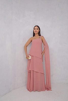 VESTIDO CREPE OMBRO SÓ MANGA CAPA  COM CAMADAS ROSÉ
