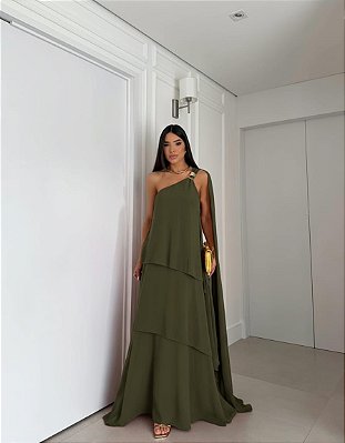 VESTIDO CREPE OMBRO SÓ MANGA CAPA  COM CAMADAS VERDE OLIVA
